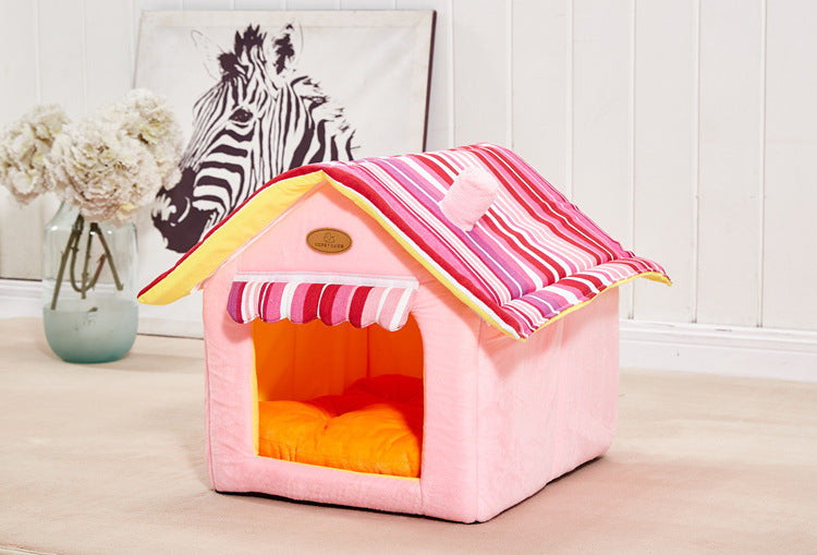 Foldable cottage-style cat and dog house made from plush cloth fabric