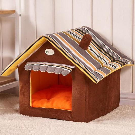 Brown cozy cottage pet house with striped roof for cats and small dogs – PawPeace™