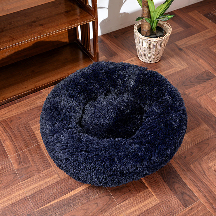 Deep navy blue luxury fluffy calming pet bed for cats and dogs – PawPeace™.