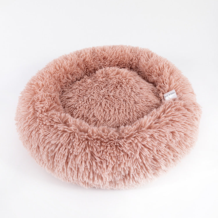 Rose pink plush calming donut pet bed for cats and small dogs – PawPeace™