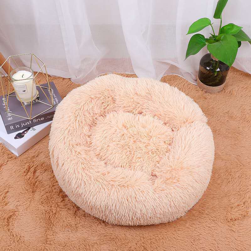 Peach pink luxury fluffy donut pet bed for cats and small dogs – PawPeace™ calming bed.