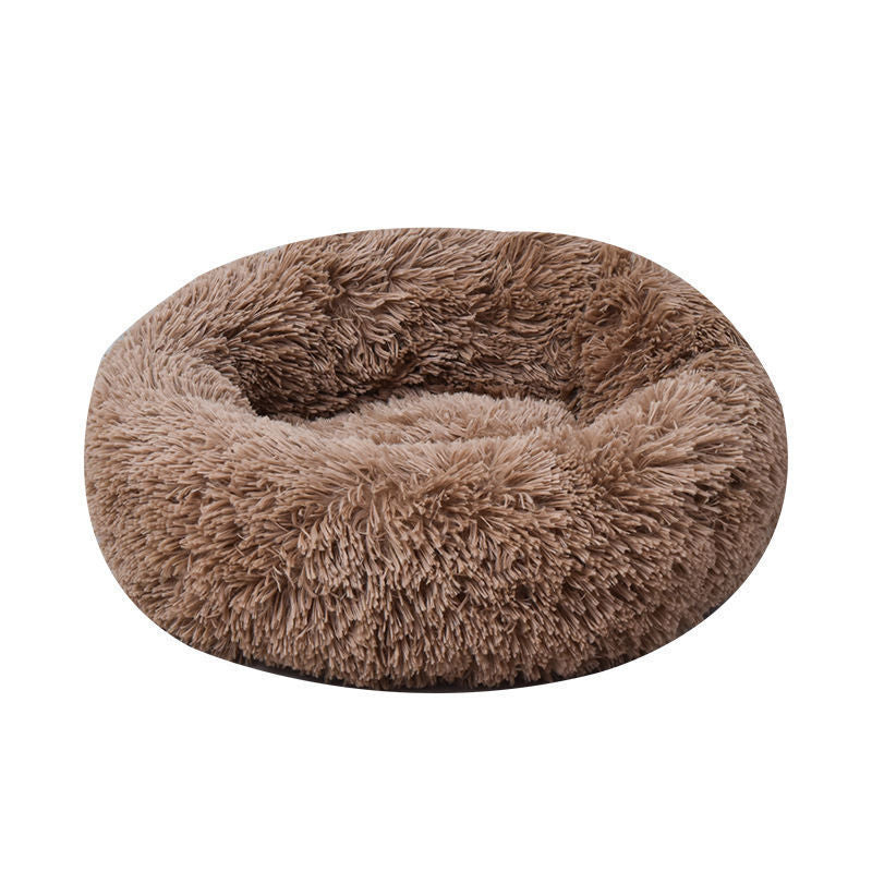 Warm brown plush calming donut pet bed for cats and dogs – PawPeace™ Calming Cloud.